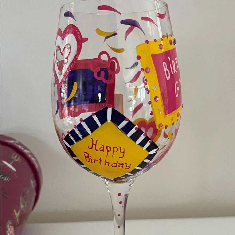 Lolita Birthday Girl 15 oz Wine Glass with Pink and Yellow Design